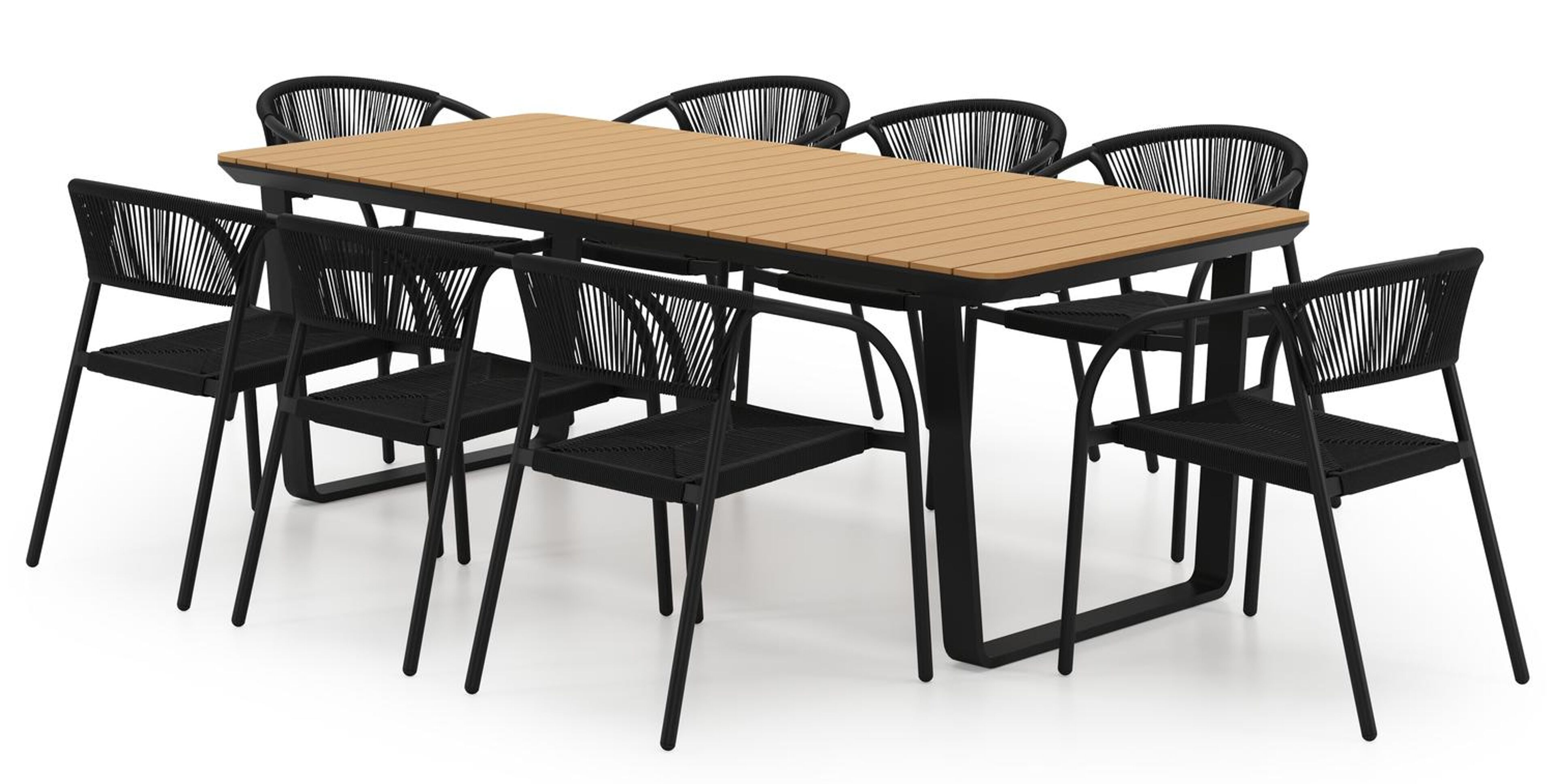 Ensemble de jardin Alora en aluminium noir et polywood avec 8 chaises de jardin empilable Melo
