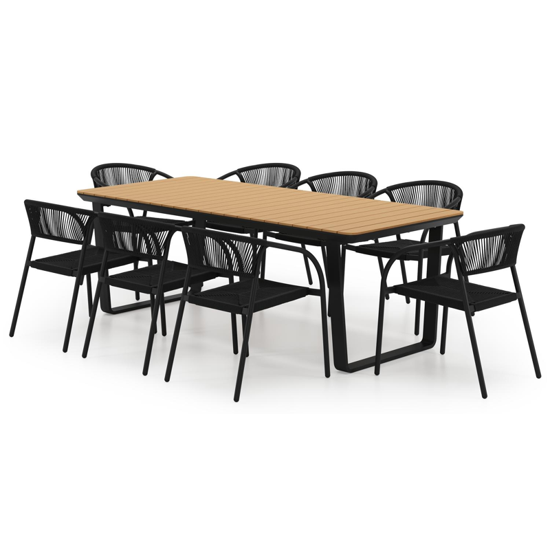 Ensemble de jardin Alora en aluminium noir et polywood avec 8 chaises de jardin empilable Melo