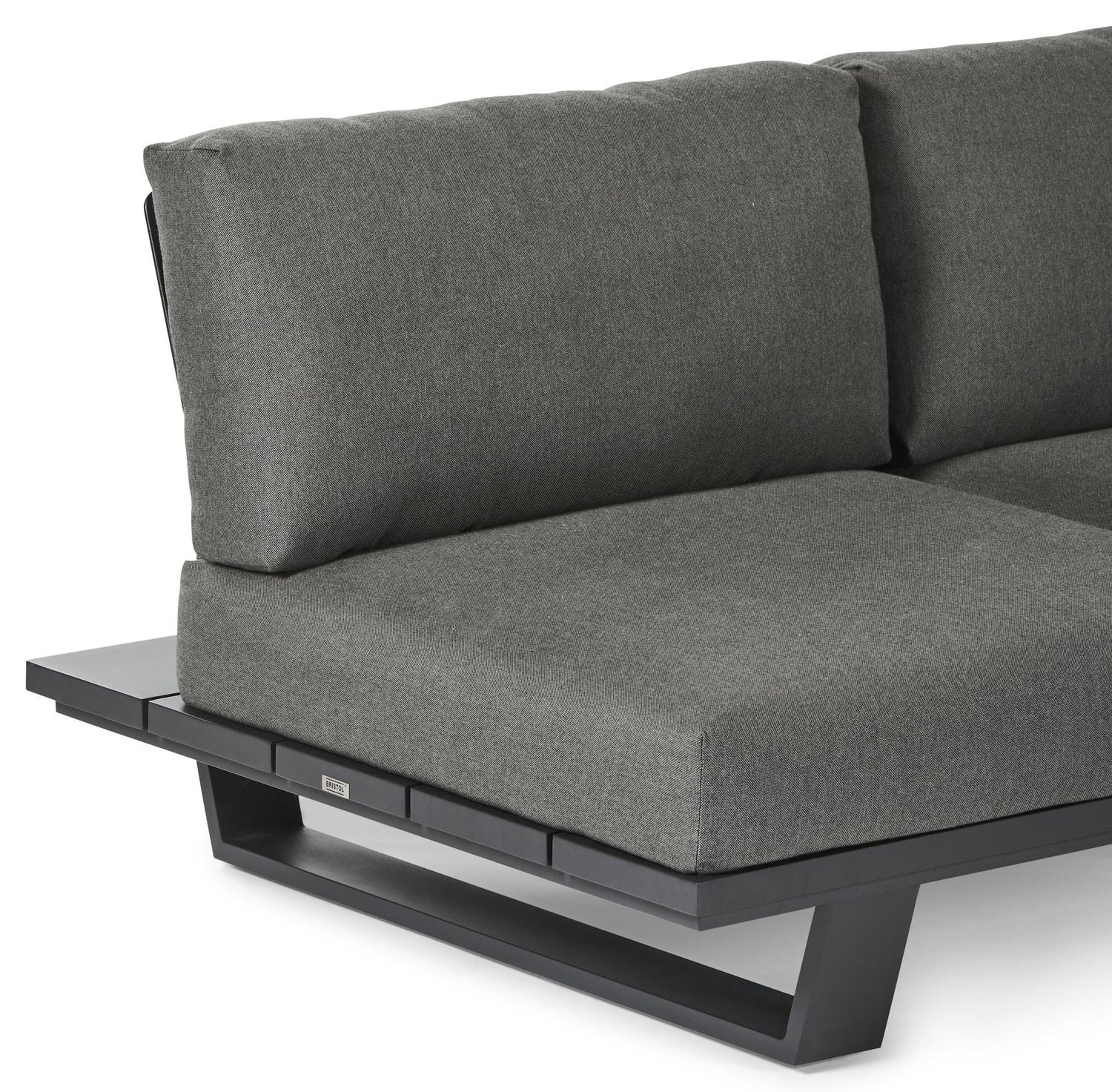 Pagino loungehoek in zwart aluminium met natte dark taupe all weather sunbrella® luxe kussens