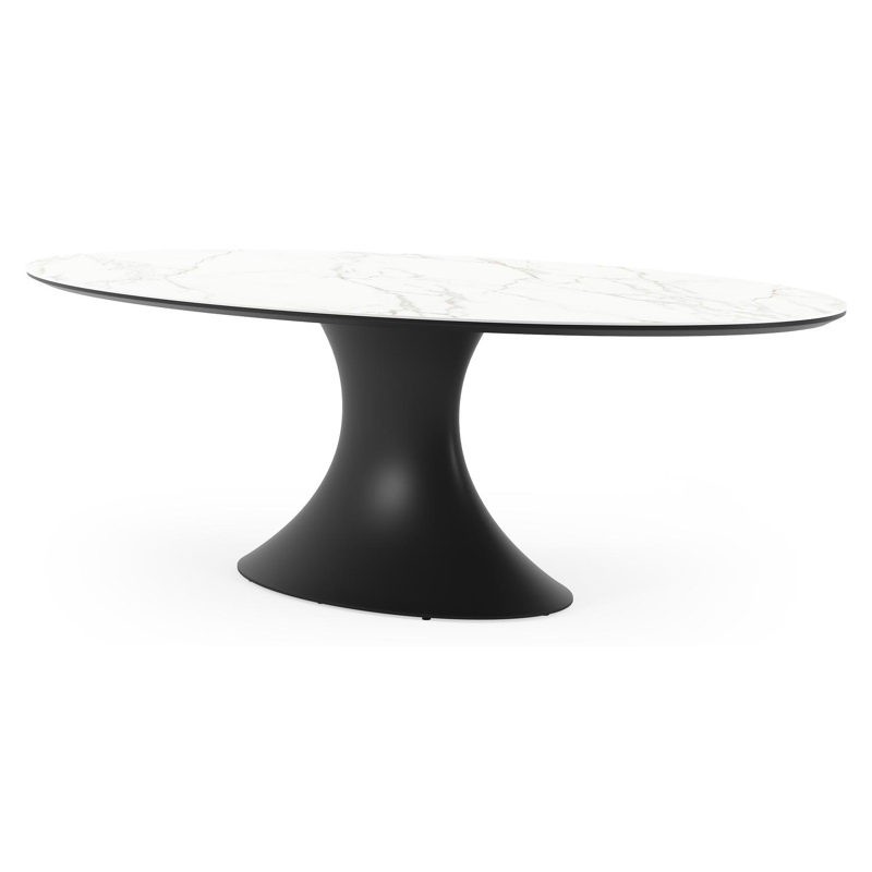 Table de jardin Fano ovale en aluminium noir et céramique pleine Calacatta - Lg. 240 x Lrg. 135 x Haut. 75 cm