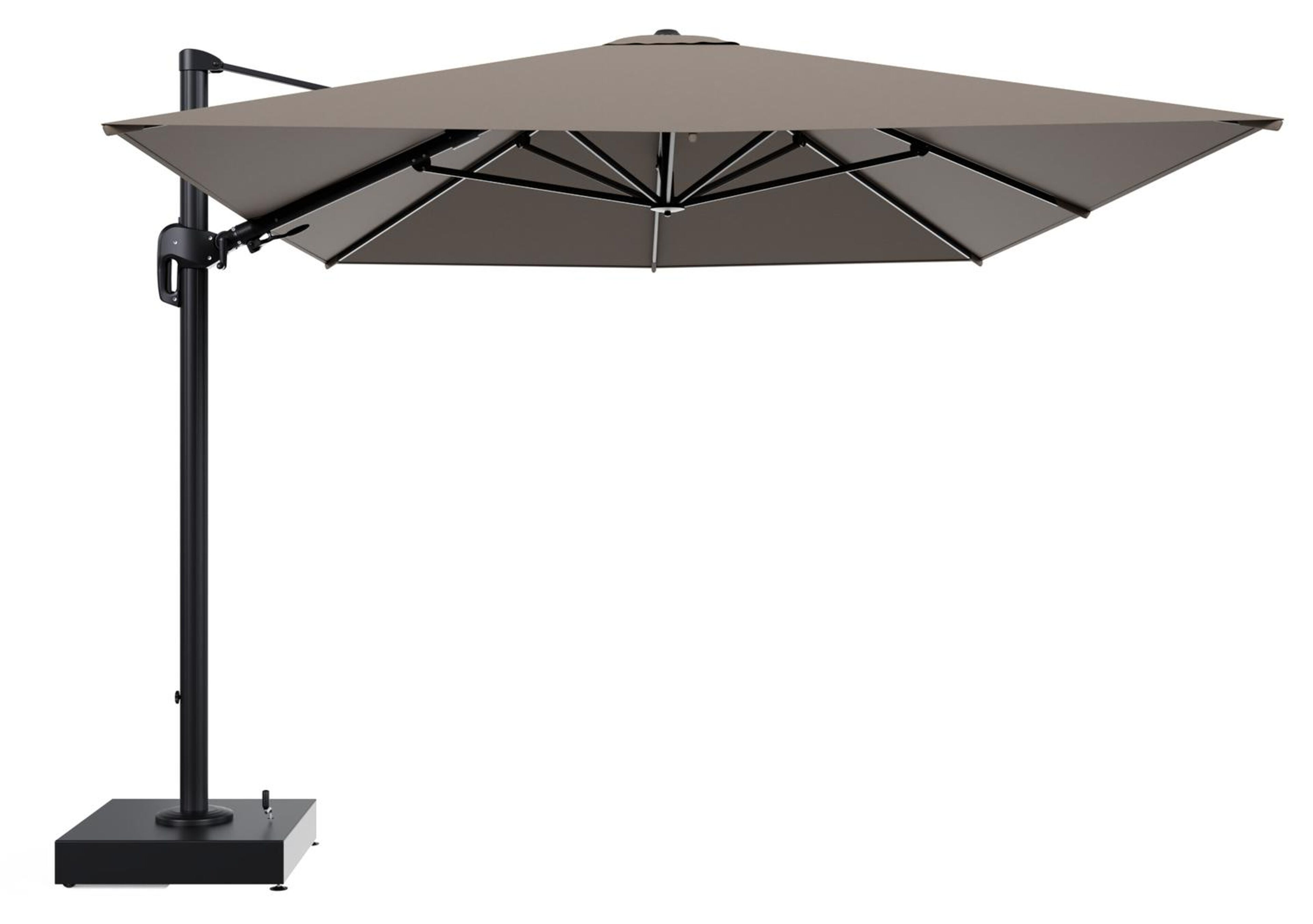 Parasol pendant Rufina tilt en aluminium noir et toile All Weather Sunbrella® Luxe Natte Heather Grey - Lg.1 400 x Lg.2 300 cm avec pied de parasol Minore 150 kg avec roulettes