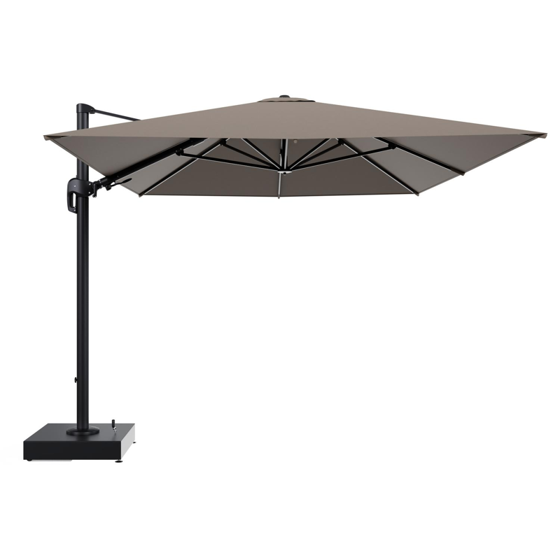 Rufina zweefparasol met tiltfunctie in zwart aluminium en Natte Heather Grey All Weather Sunbrella® Luxe parasoldoek - L1 400 x L2 300 cm met parasolvoet Minore 150 kg met wielen