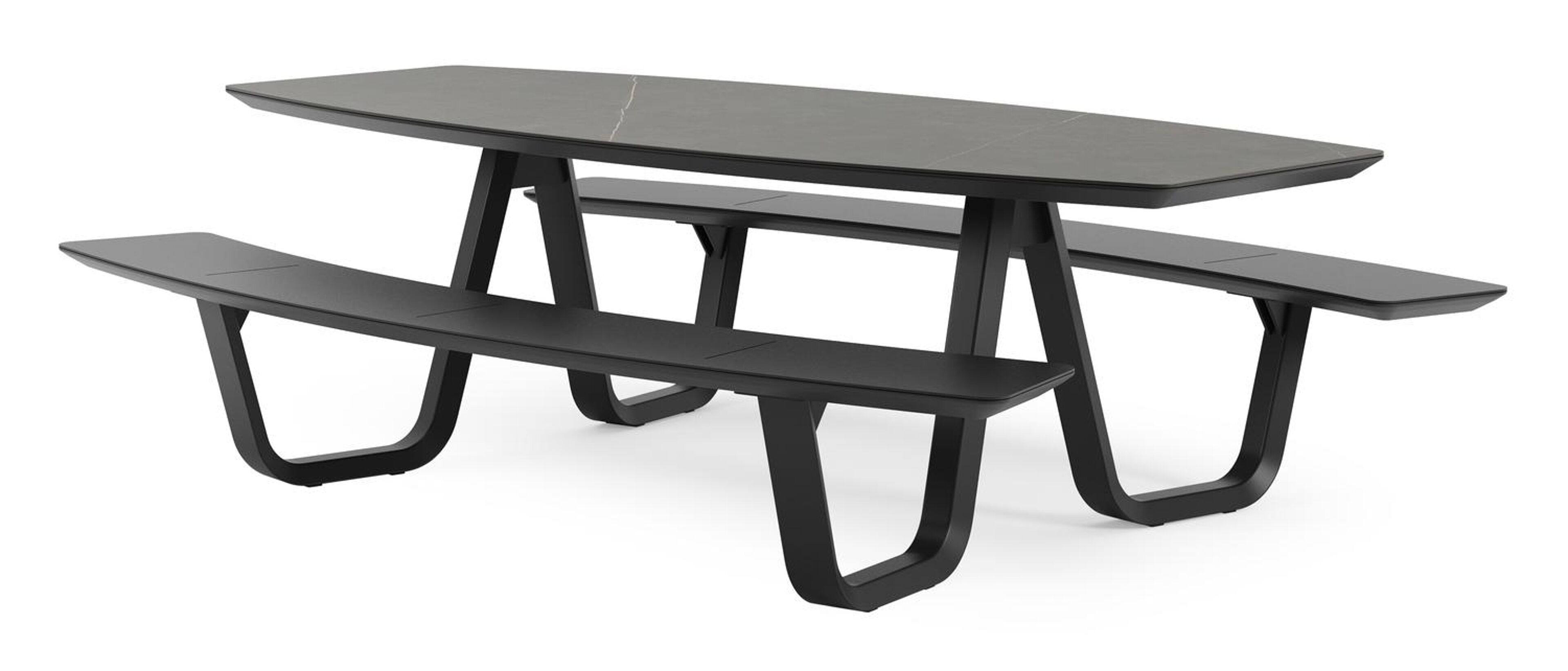 Table de pique-nique Forno forme de bateau en aluminium noir et céramique pleine Calatorao - Lg. 240 x Lrg. 181 x Haut. 72 cm