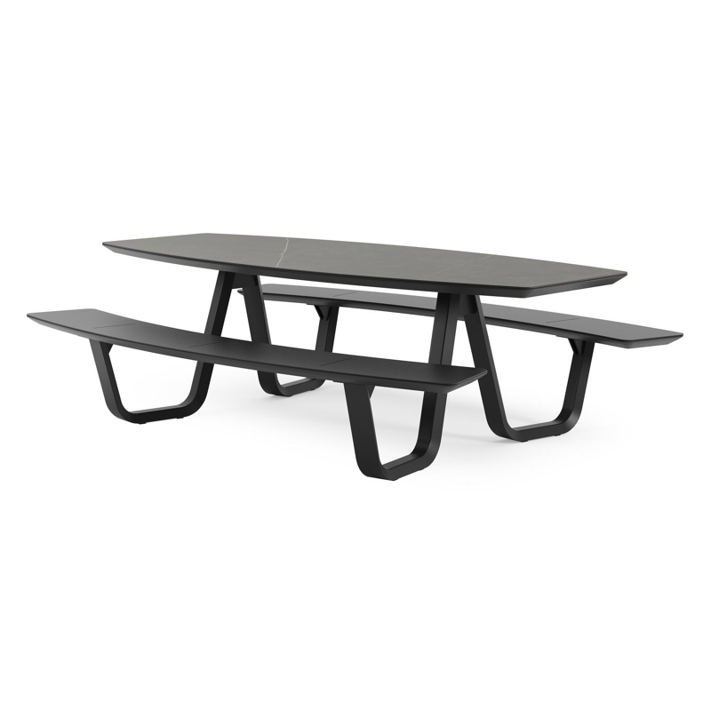 Table de pique-nique Forno forme de bateau en aluminium noir et céramique pleine Calatorao - Lg. 240 x Lrg. 181 x Haut. 72 cm