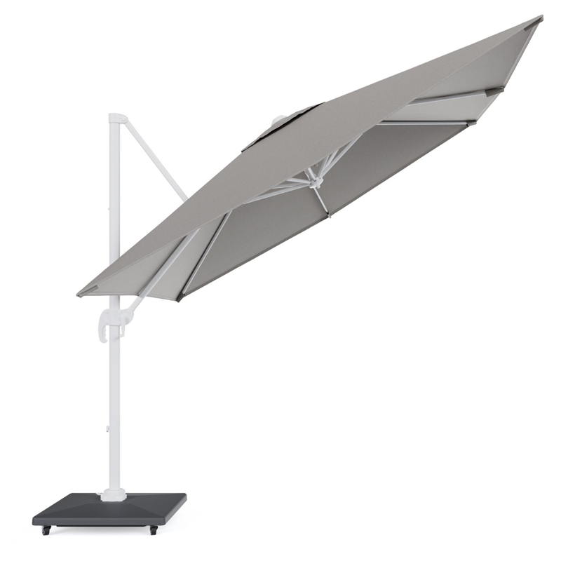 Calpe zweefparasol in wit aluminium en grijs Weather+ Softtouch parasoldoek - L1 270 x L2 270 cm met Avola parasolvoet 90 kg met wielen