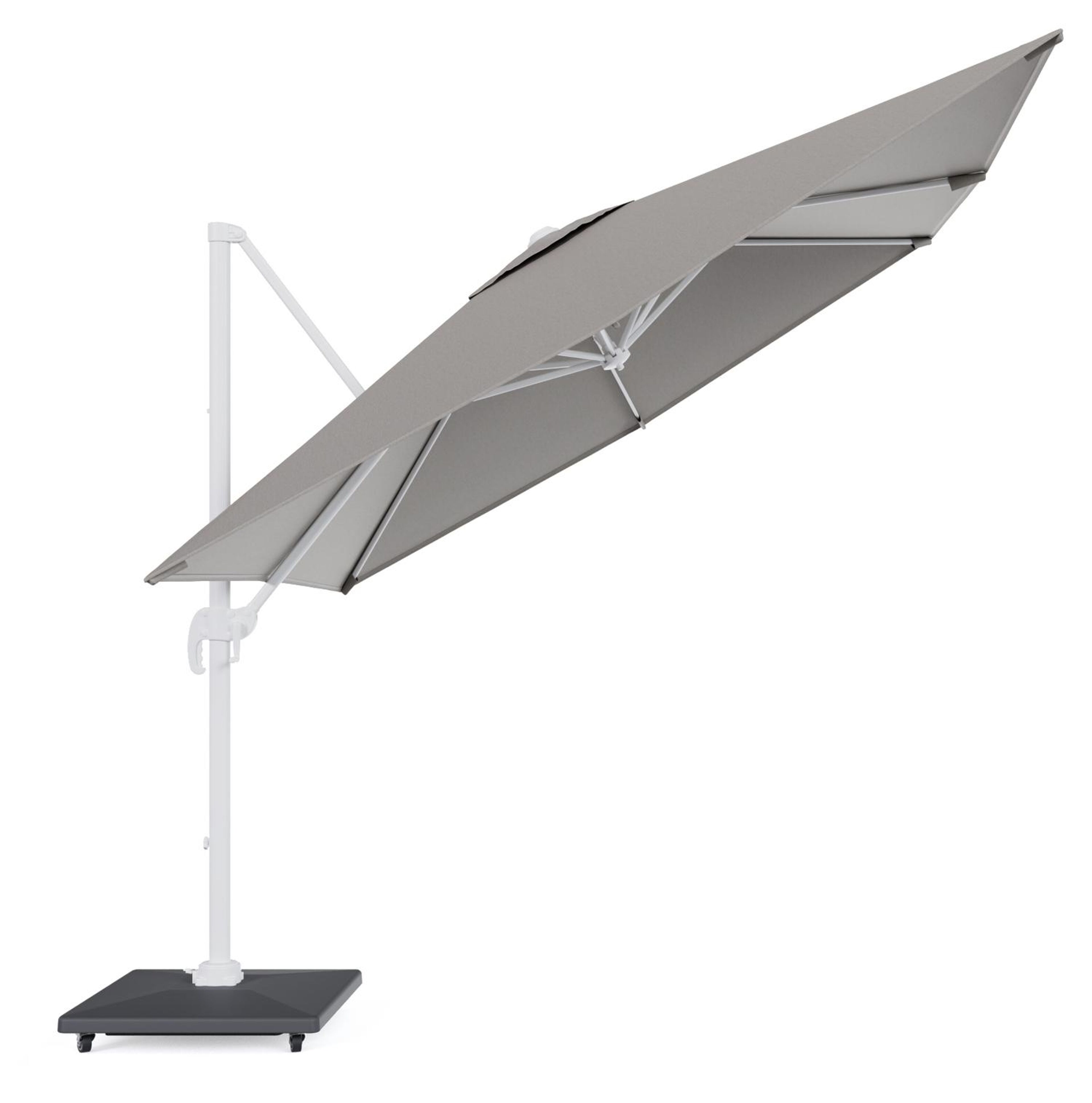 Calpe zweefparasol in wit aluminium en grijs Weather+ Softtouch parasoldoek - L1 270 x L2 270 cm met Avola parasolvoet 90 kg met wielen