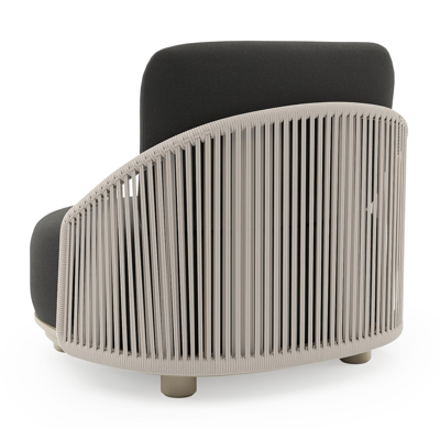 Vadelo loungestoel in beige aluminium en beige verticaal geweven ronde rope met natte sooty all weather sunbrella® luxe kussen