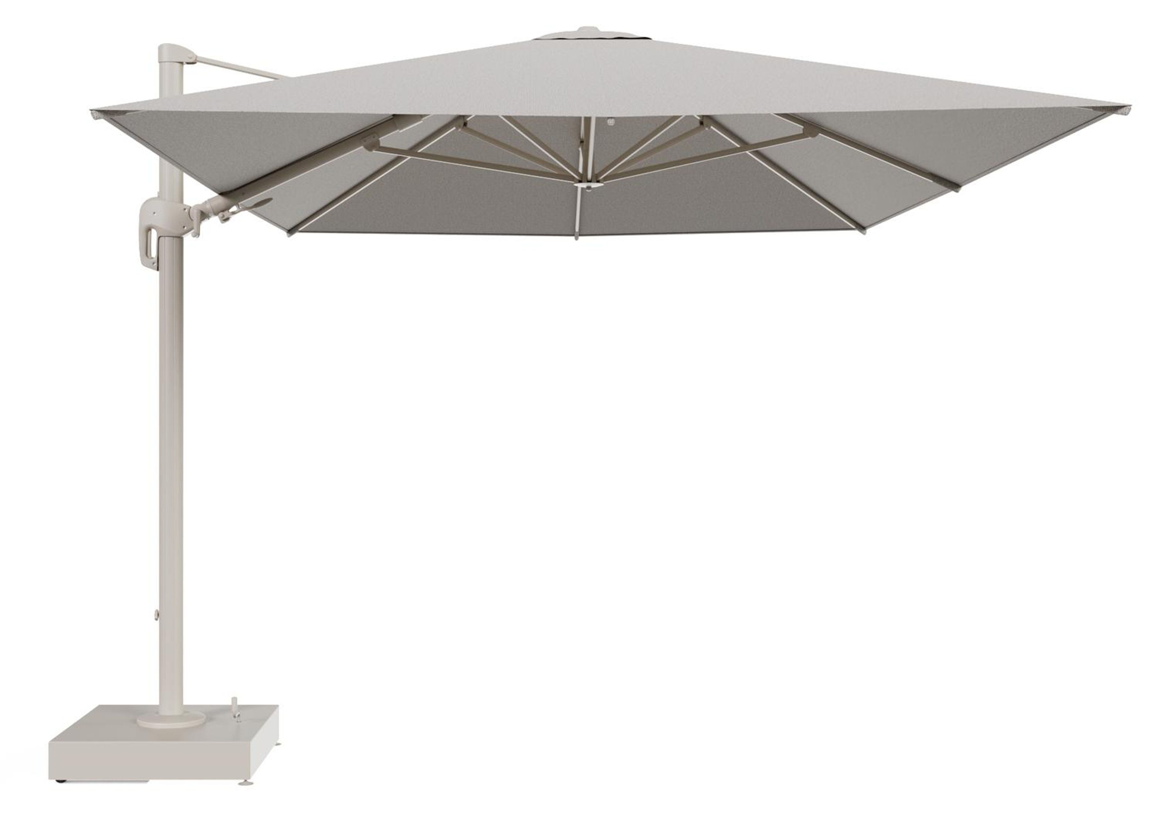 Rufina zweefparasol met tiltfunctie in beige aluminium en Firenze Sand All Weather Solica parasoldoek - L1 400 x L2 300 cm met parasolvoet Minore 150 kg met wielen