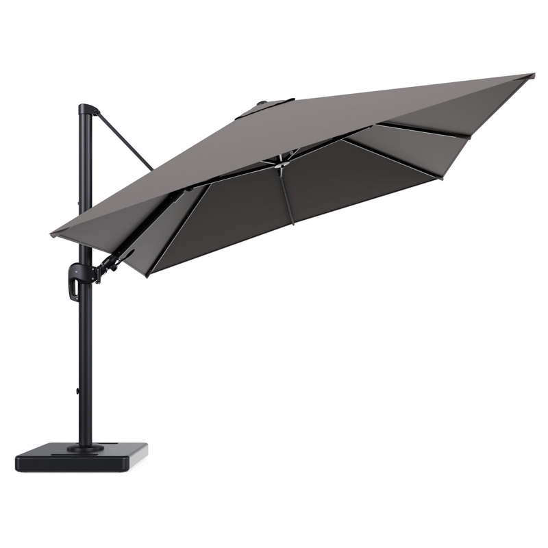 Rufina zweefparasol tiltfunctie in zwart aluminium en parasoldoek in All Weather Sunbrella® Luxe Natte Nature Grey - L1 300 x L2 300 cm met parasolvoet Lapido 160 kg