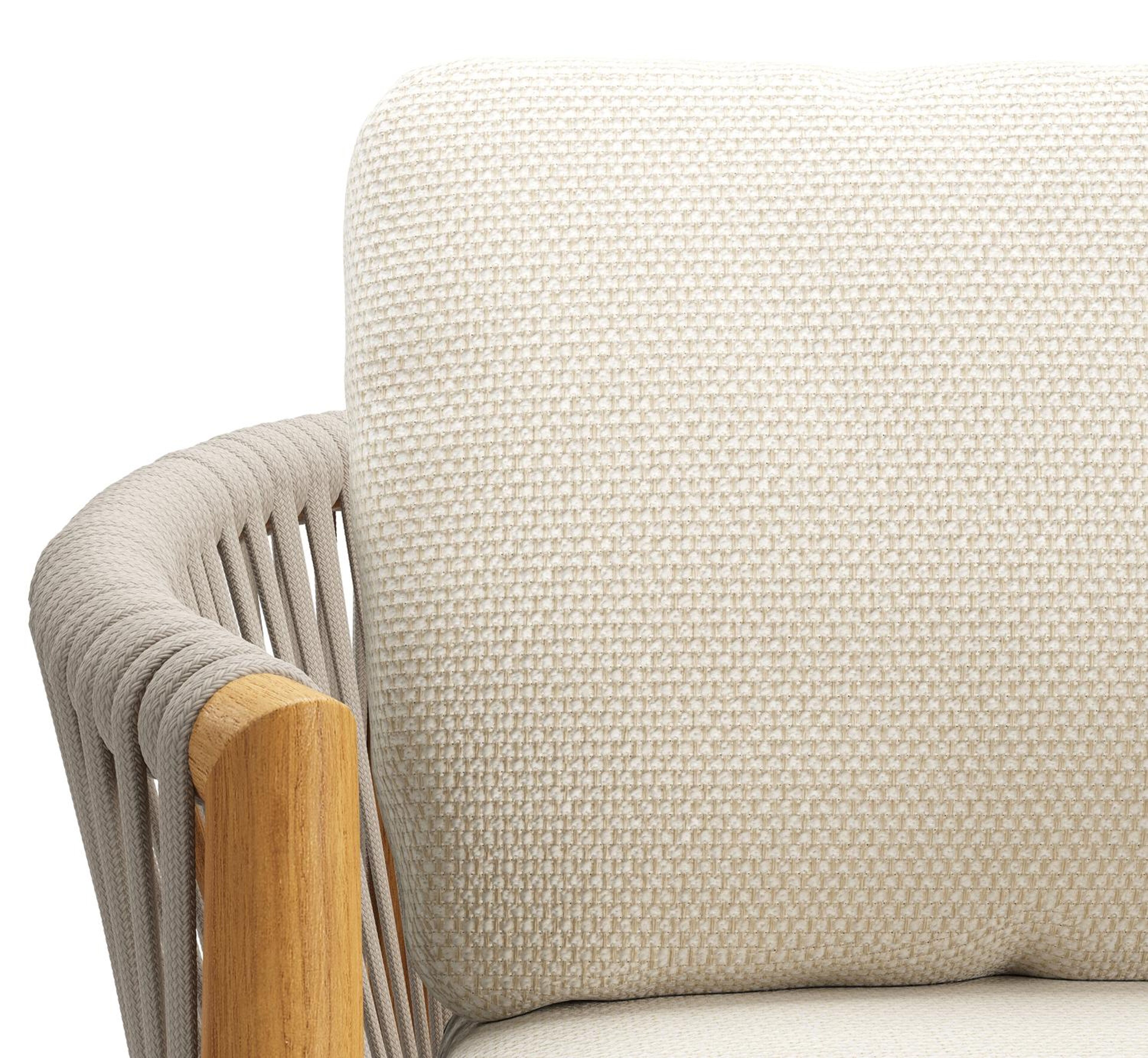 Organo tuinstoel in teak en beige verticaal geweven luxe vlakke rope met zitkussen in All Weather Cosytica Althea Off White