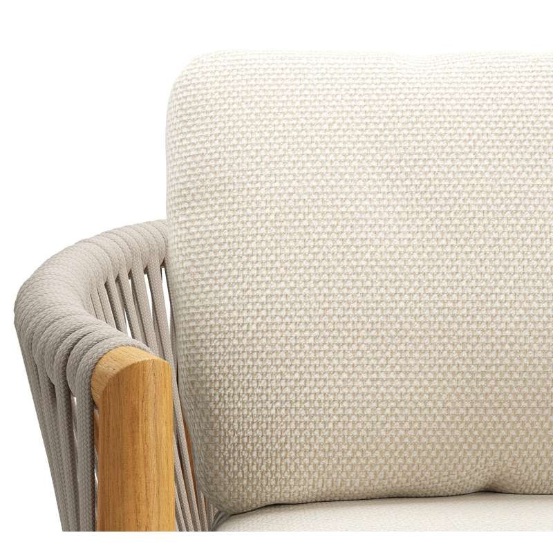 Organo tuinstoel in teak en beige verticaal geweven luxe vlakke rope met zitkussen in All Weather Cosytica Althea Off White