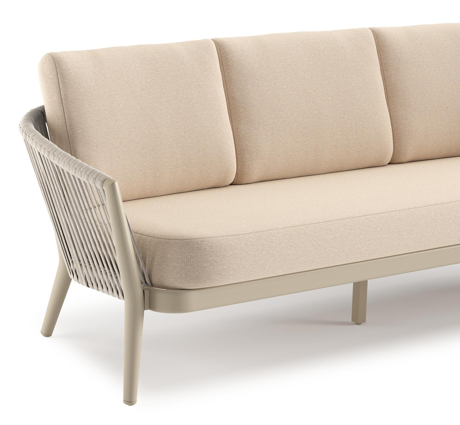 Orso loungeset in beige aluminium en beige verticaal geweven ronde rope met Heritage Papyrus all weather sunbrella® luxe kussen