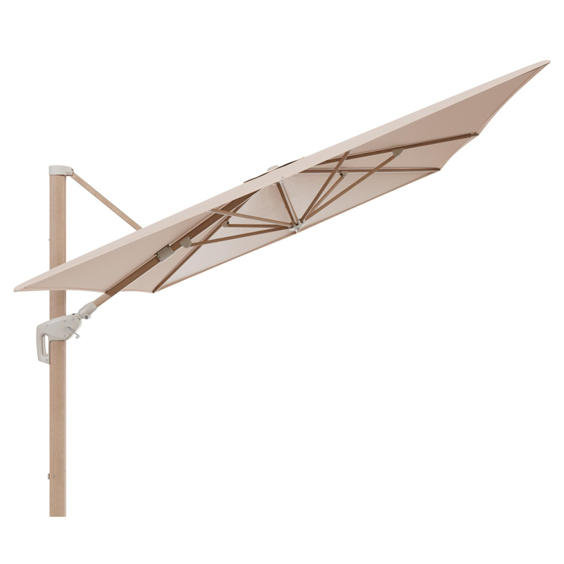 Minore zweefparasol met tiltfunctie in houtlook aluminium en Natte Linen Chalk All Weather Sunbrella® Luxe parasoldoek - L1 400 x L2 300 cm (zonder voet)