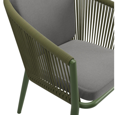 Orso tuinstoel in groen aluminium en groen verticaal geweven ronde rope met zitkussen in All Weather Sunbrella® Luxe Natte Charcoal Chine