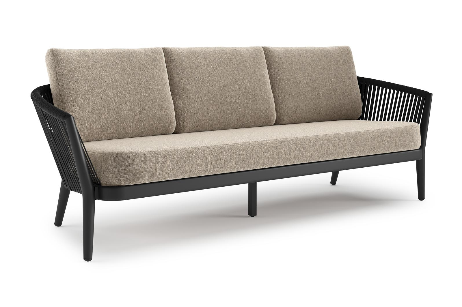 Orso loungebank in zwart aluminium en zwart verticaal geweven luxe vlakke rope met Chartres Pewter all weather sunbrella® luxe kussen