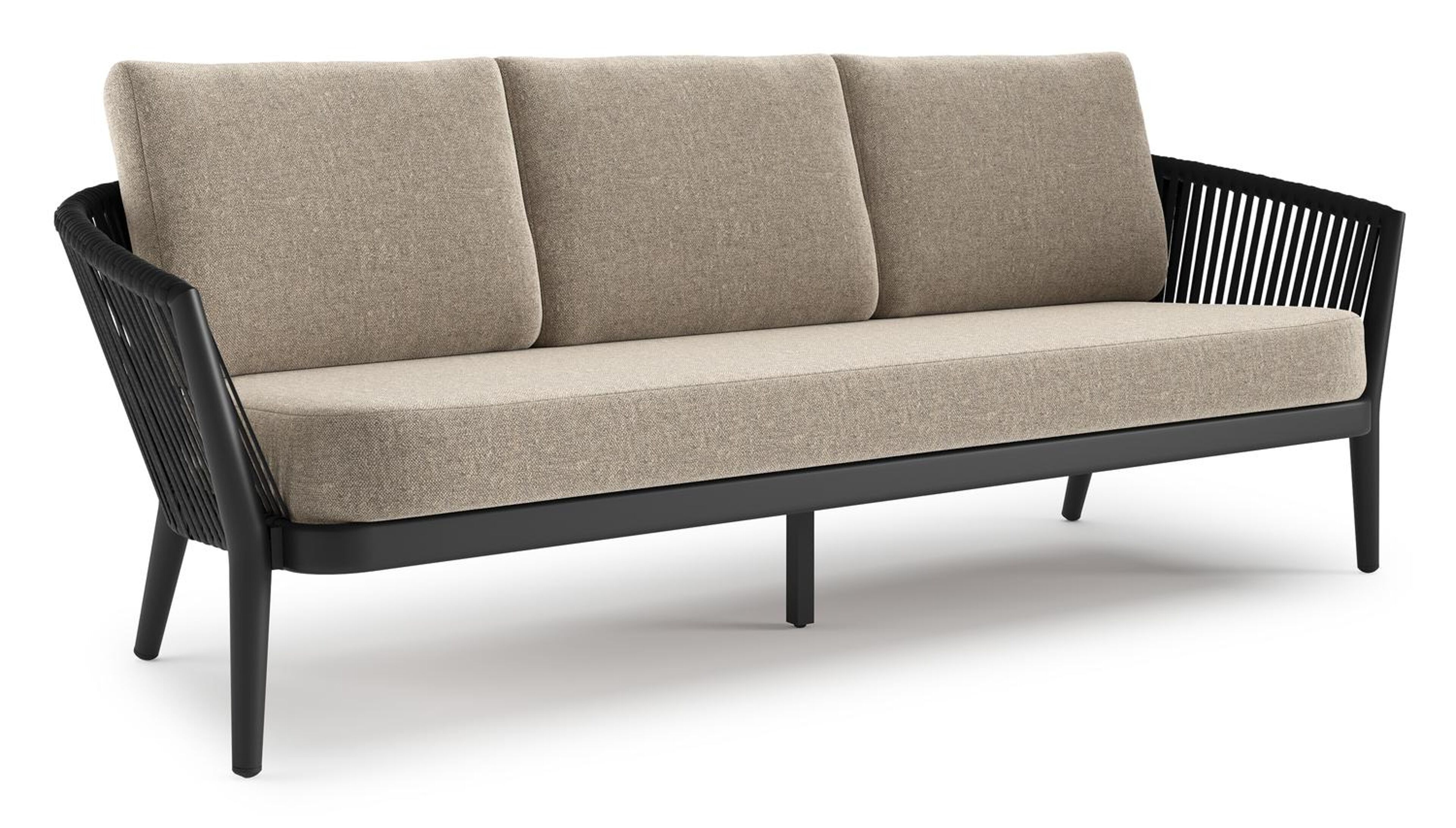 Canapé de jardin Orso en aluminium noir en corde luxe plate tissée verticalement noir et coussins en all weather sunbrella® luxe Chartres Pewter