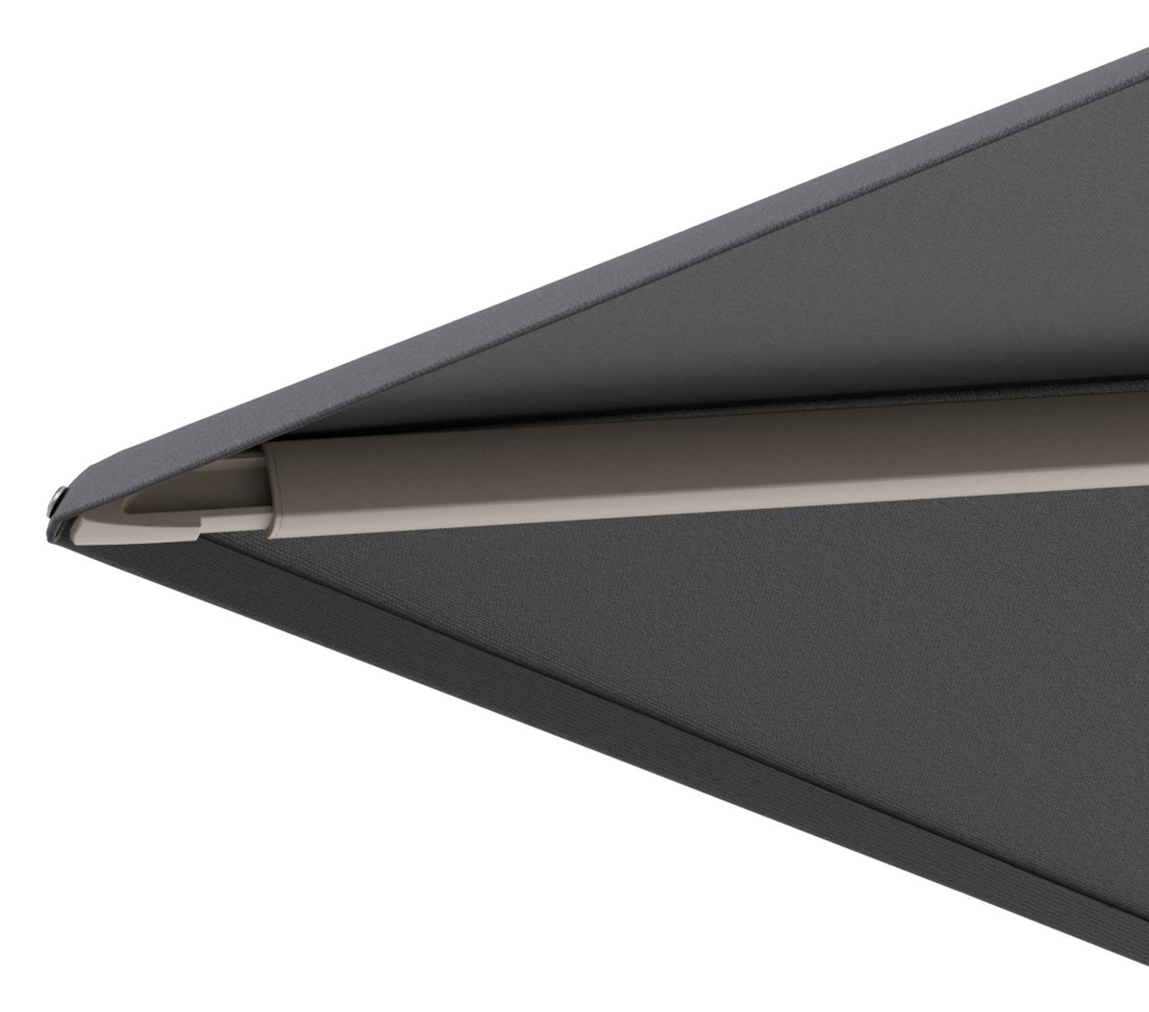 Minore zweefparasol met tiltfunctie in beige aluminium en Natte Charcoal Chine All Weather Sunbrella® Luxe parasoldoek - L1: 400 x L2: 300 cm met parasolvoet Minore 260 kg met wielen