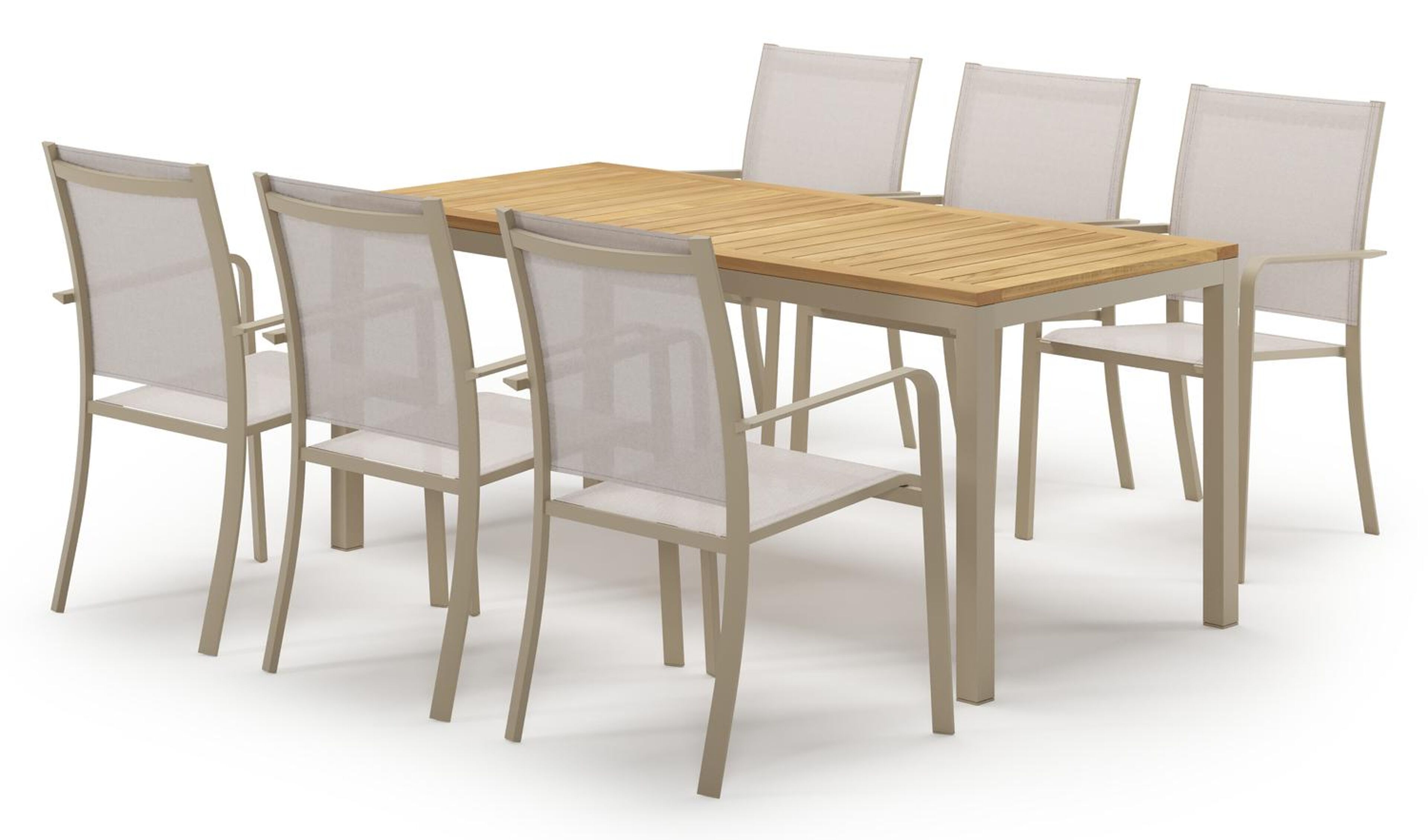 Ensemble de jardin Feltro en aluminium beige et teck avec 6 chaises de jardin empilable Calobra
