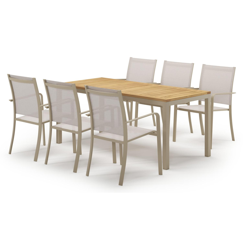 Ensemble de jardin Feltro en aluminium beige et teck avec 6 chaises de jardin empilable Calobra