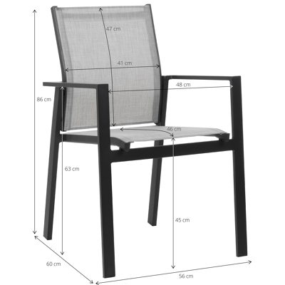 Oviedo tuinset met verlengbare tafel in zwart aluminium en grijs keramische print tafelblad met 8 stapelbare Bahia tuinstoelen