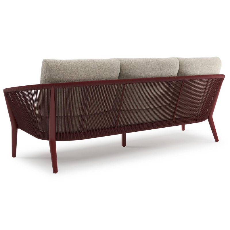 Canapé de jardin Orso en aluminium ruby en corde ronde tissée verticalement ruby et coussins en all weather cosytica Catania Greige