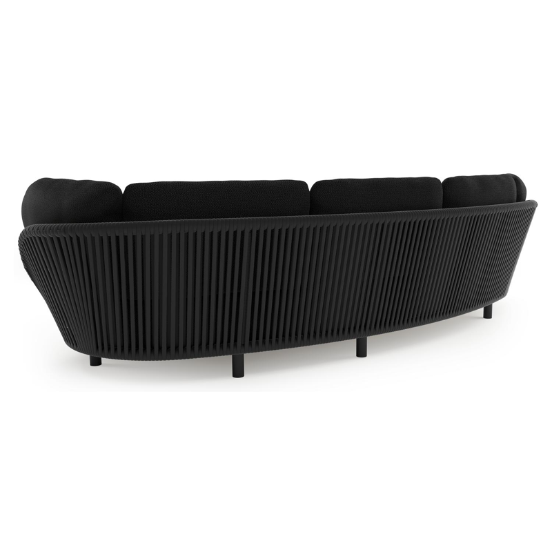 Canapé de jardin Lupino en aluminium noir et corde large plate de luxe tissée verticalement noir et coussins en all weather sunbrella® luxe lopi baribal