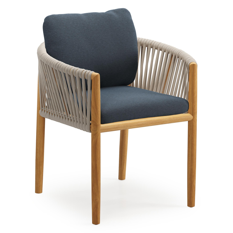 Chaise de jardin Organo en teck naturel et corde luxe plate tissée verticalement beige avec coussin en All Weather Sunbrella® Luxe Heritage Indigo