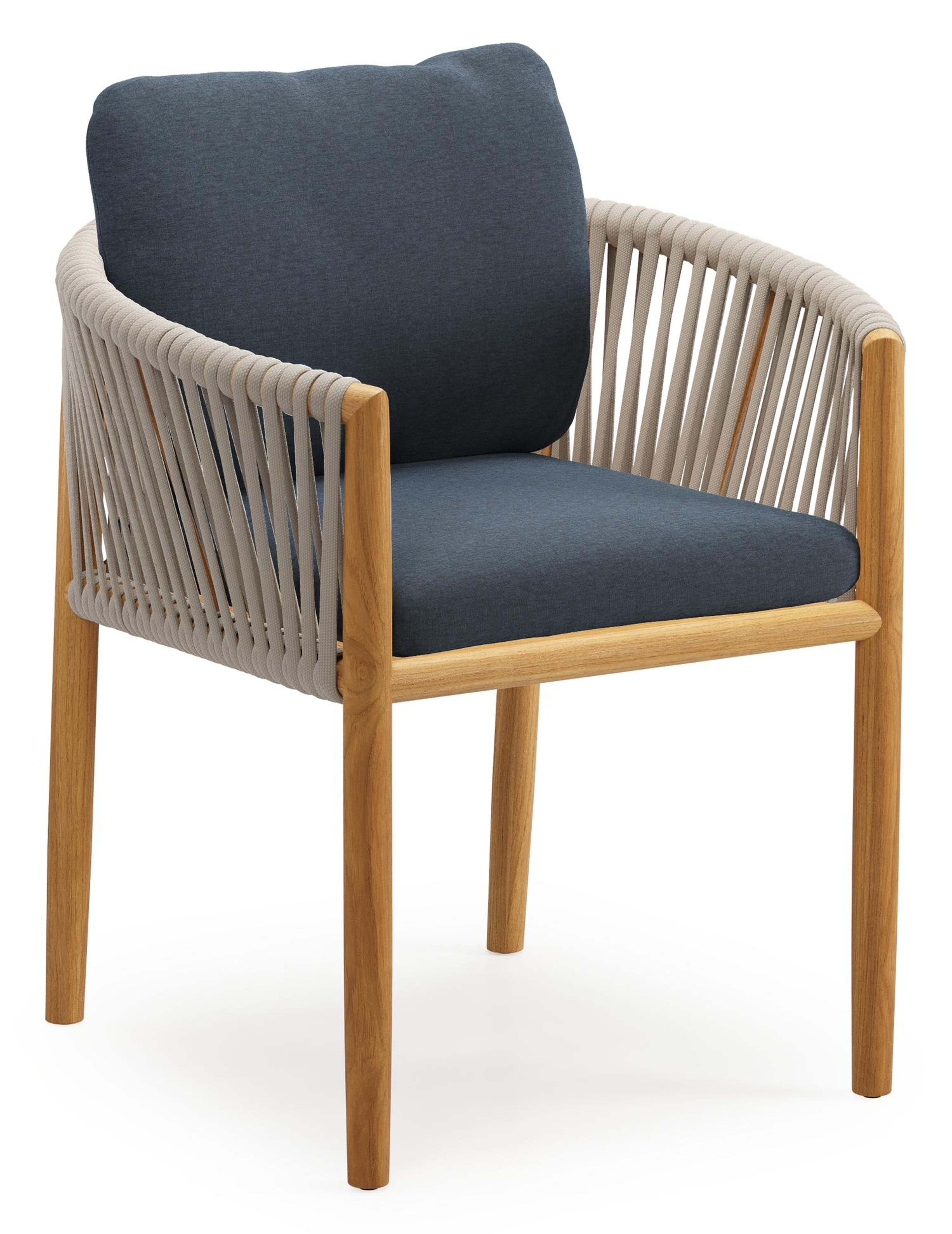 Chaise de jardin Organo en teck naturel et corde luxe plate tissée verticalement beige avec coussin en All Weather Sunbrella® Luxe Heritage Indigo