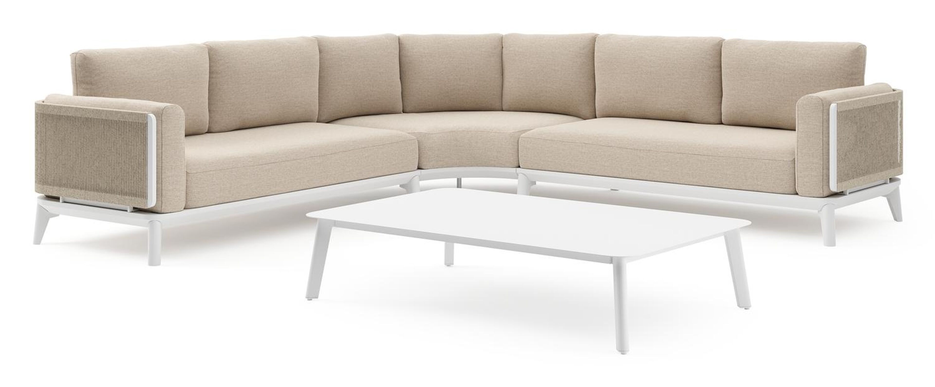 Mosa loungehoek in wit aluminium met rustic weather+ softtouch kussens en loungetafel