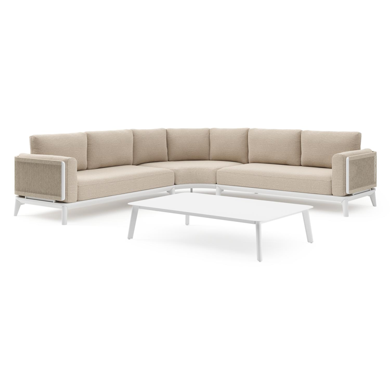 Mosa loungehoek in wit aluminium met rustic weather+ softtouch kussens en loungetafel