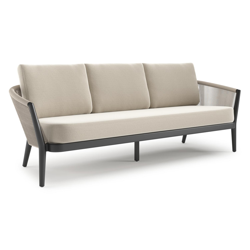 Orso loungebank in zwart aluminium en beige verticaal geweven ronde rope met Lopi Marble all weather sunbrella® luxe kussen