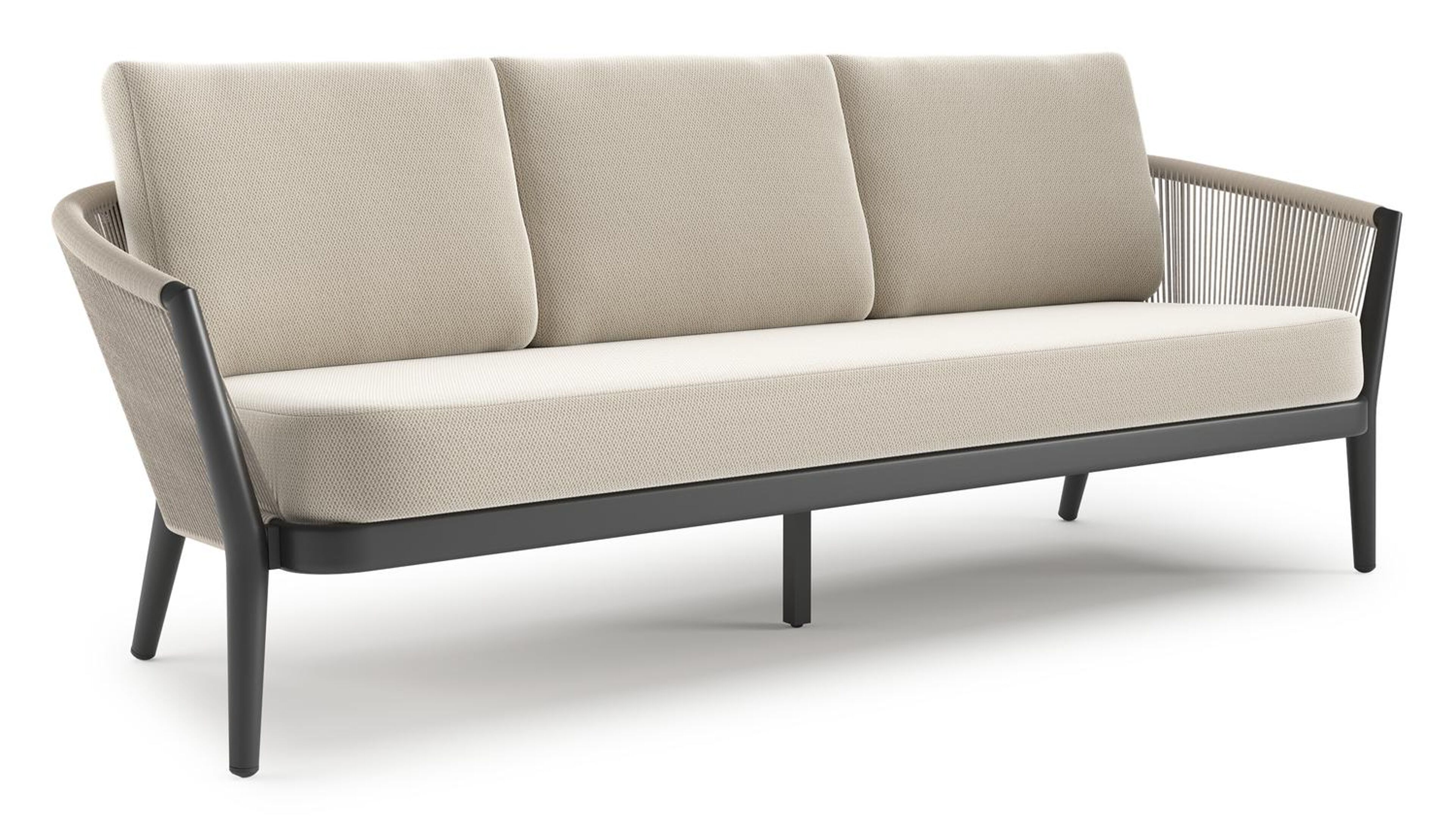 Orso loungebank in zwart aluminium en beige verticaal geweven ronde rope met Lopi Marble all weather sunbrella® luxe kussen