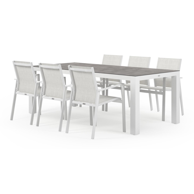 Calzo tuinset in wit aluminium en grijs keramische print tafelblad met 6 stapelbare Bahia tuinstoelen