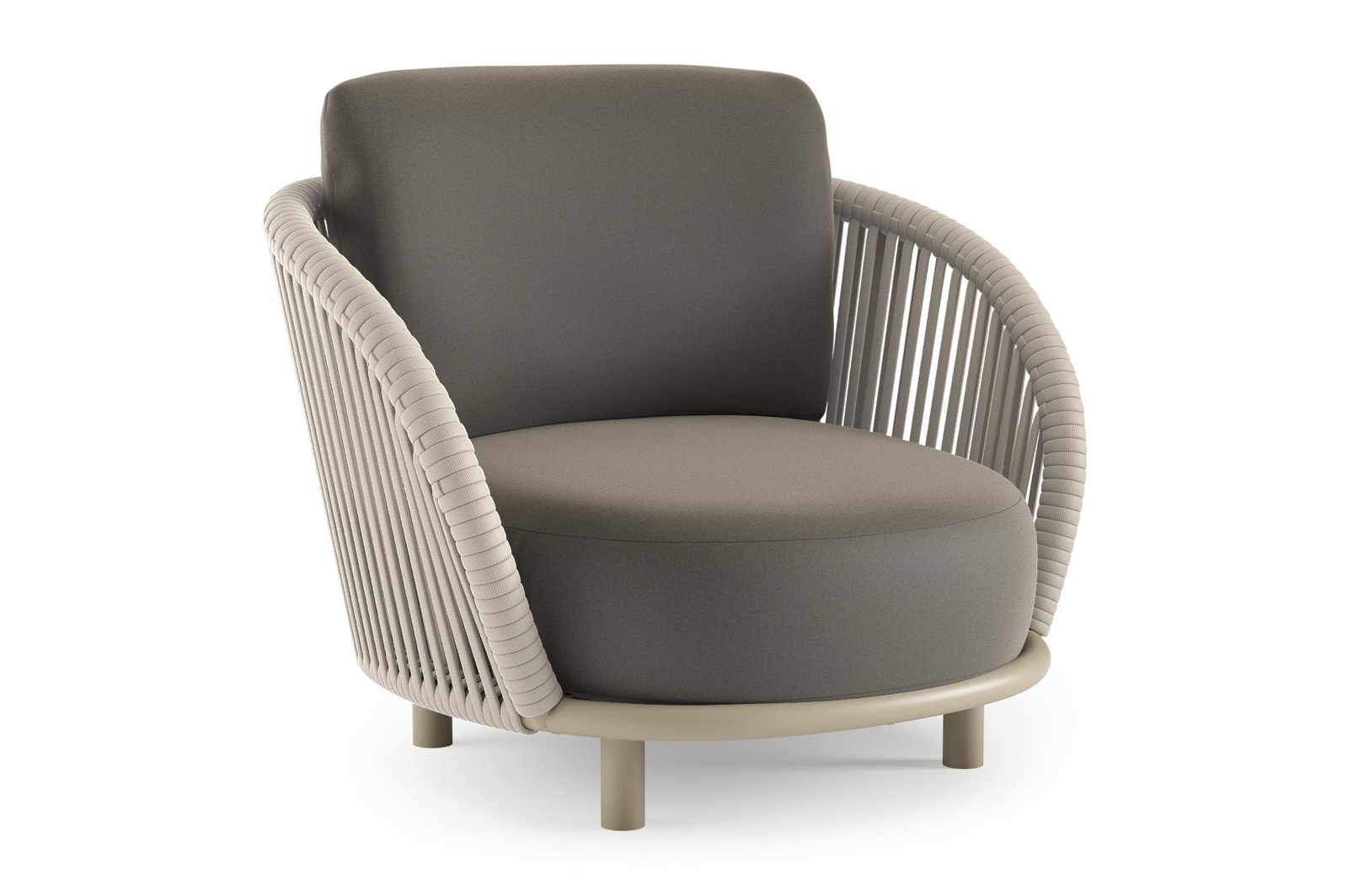 Lupino loungestoel in beige aluminium en beige verticaal geweven luxe vlakke brede rope met natte carbon beige all weather sunbrella® luxe kussen