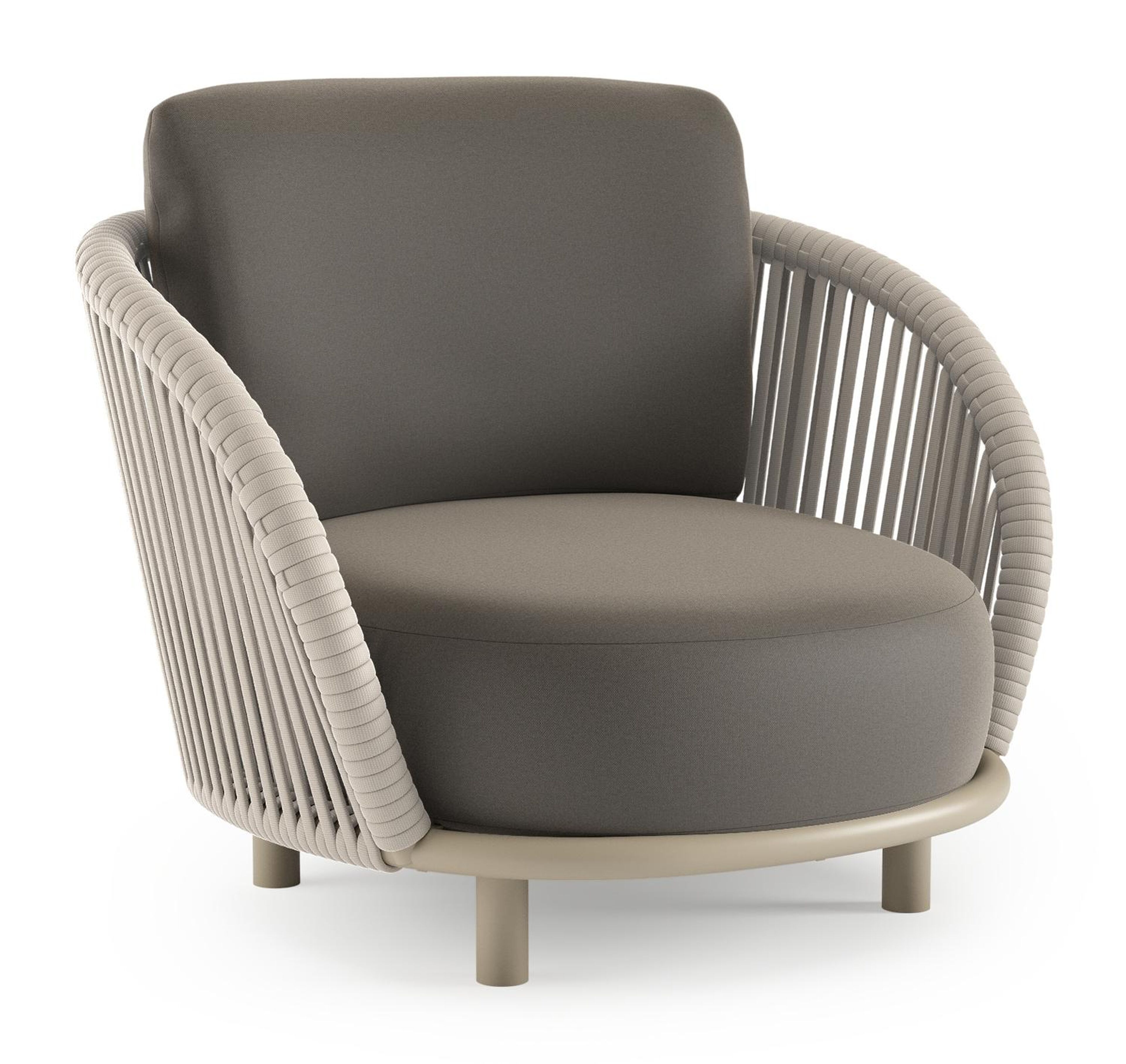 Fauteuil de jardin Lupino en aluminium beige et corde large plate de luxe tissée verticalement beige et coussins en all weather sunbrella® luxe natte carbon beige
