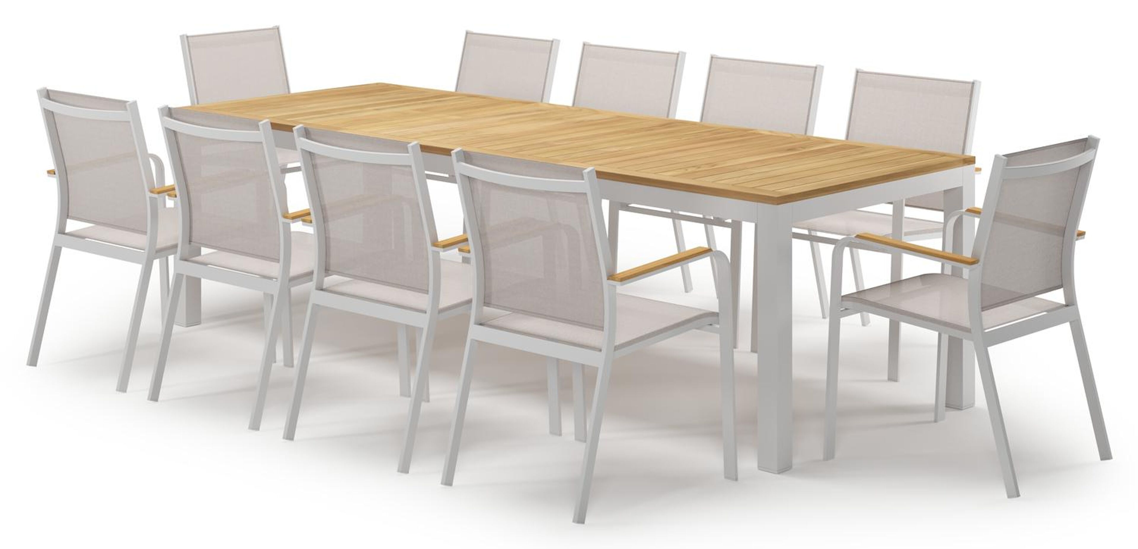 Ensemble de jardin Varese en aluminium blanc et teck avec 10 chaises de jardin Amalfi