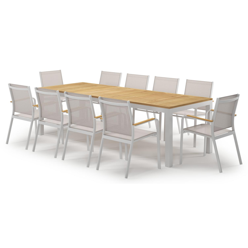 Ensemble de jardin Varese en aluminium blanc et teck avec 10 chaises de jardin Amalfi