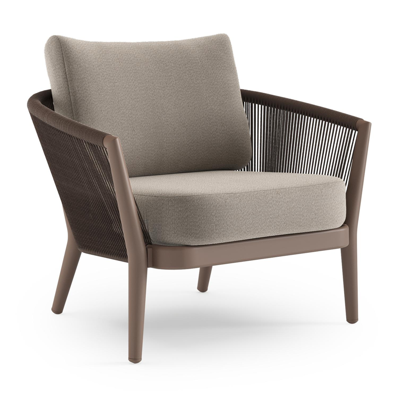 Orso loungestoel in taupe aluminiumen zwart verticaal geweven ronde rope met Savane Coconut all weather sunbrella® luxe kussen