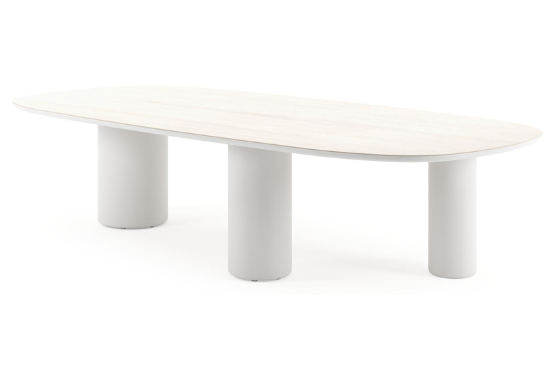 Table de jardin Amico bombo xl en aluminium blanc et céramique pleine Travertino Bianco - Lg. 320 x Lrg. 148 x Haut. 73.5 cm