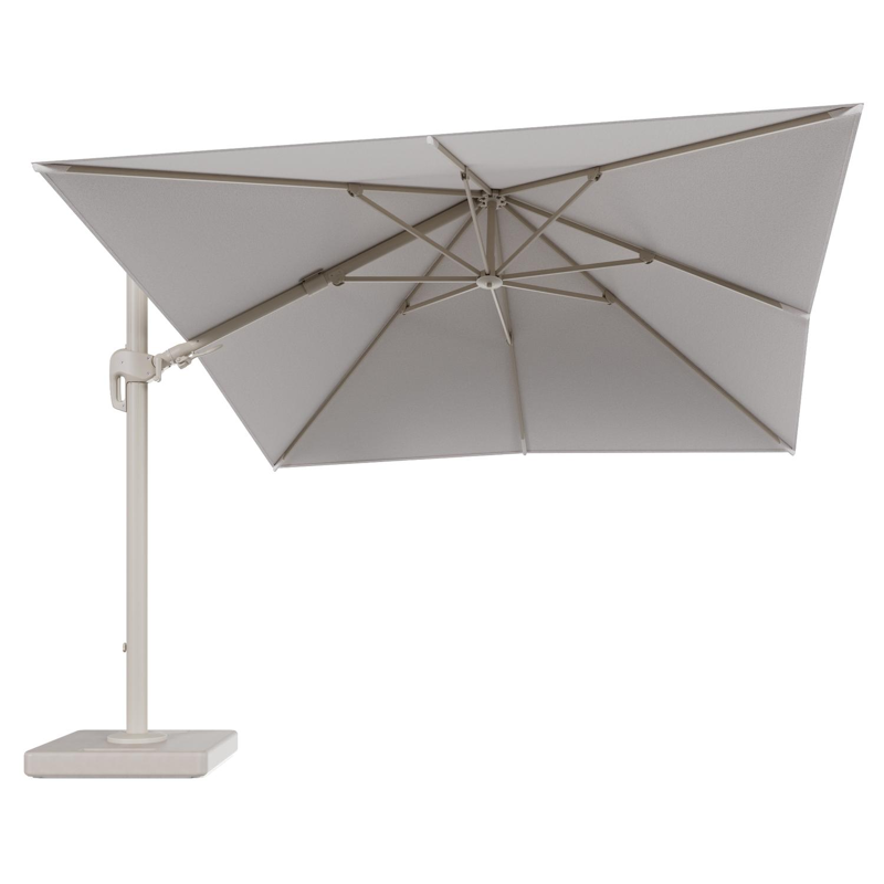 Parasol pendant Rufina avec fonction tilt en aluminium beige et toile de parasol en All Weather Solica Ego Eggshell - Lg.1 300 x Lg.2 300 cm avec pied de parasol Lapido 160 kg