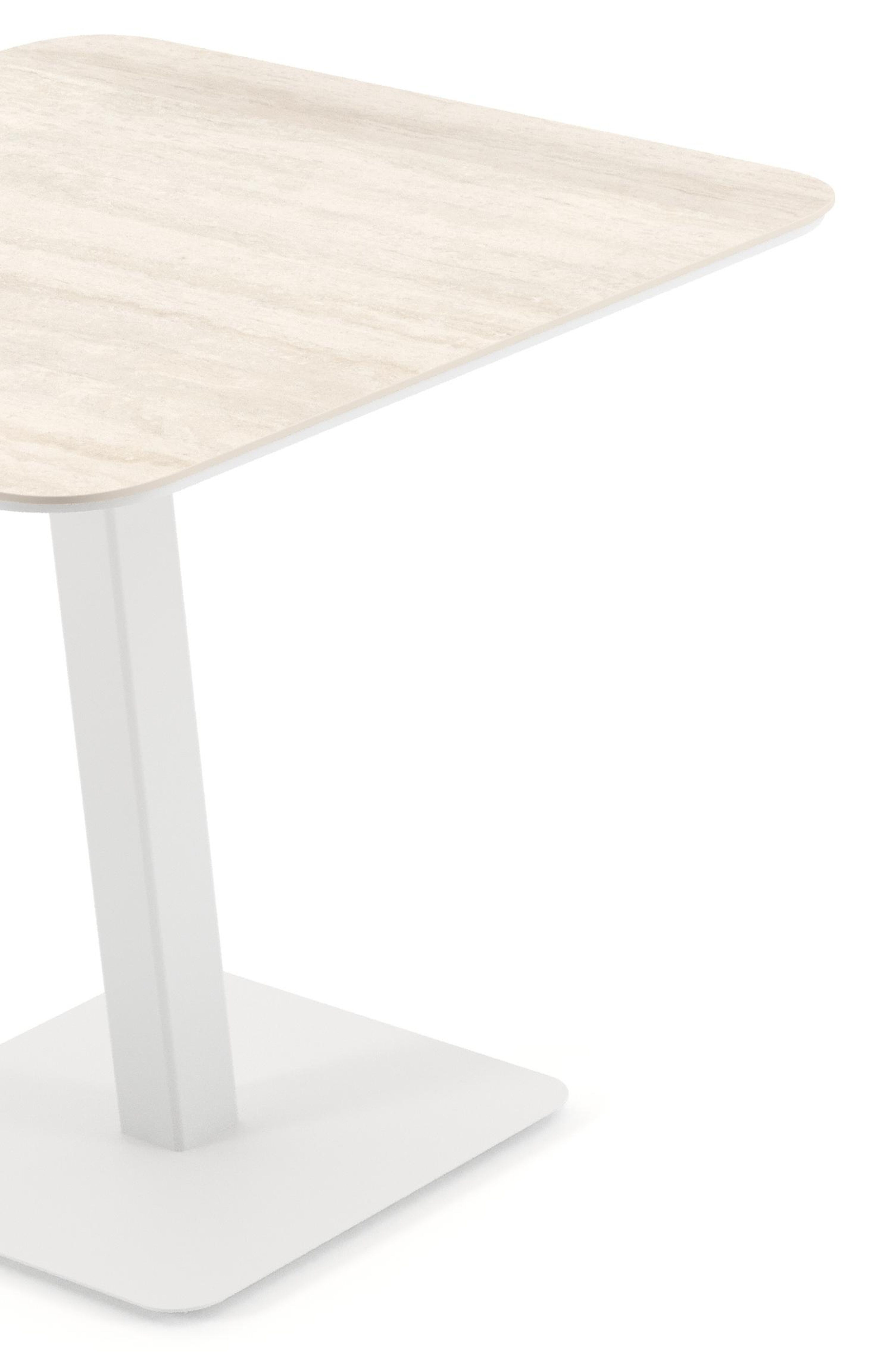 Table de jardin Fano inclinable carré arrondi en aluminium blanc et céramique pleine Travertino Bianco - Lg. 80 x Lrg. 80 x Haut. 72.5 cm
