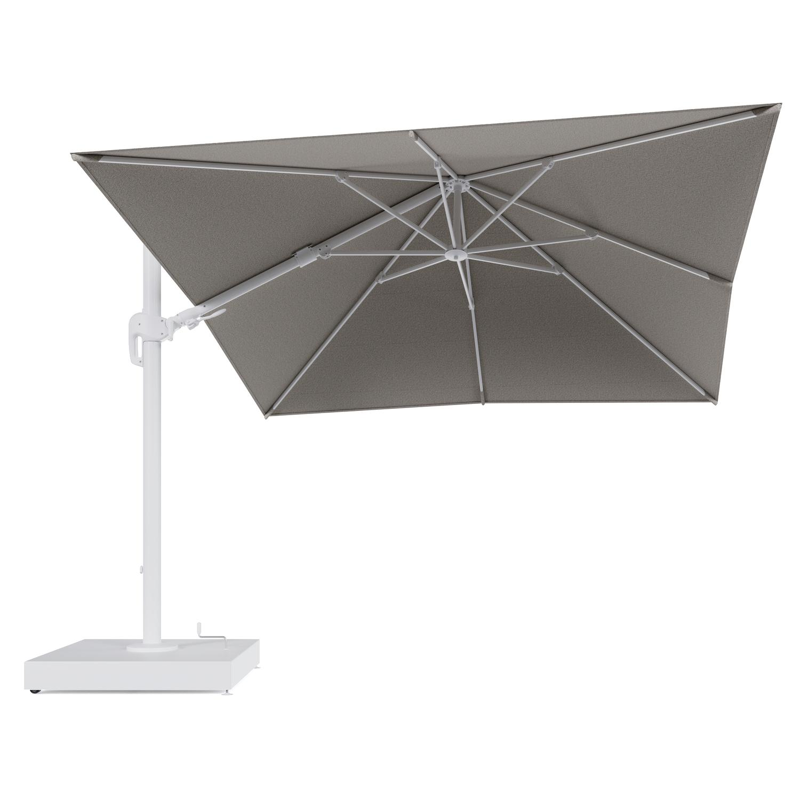 Rufina zweefparasol met tiltfunctie in wit aluminium en Firenze Sand All Weather Solica parasoldoek - L1 300 x L2 300 cm met parasolvoet Minore 260 kg met wielen