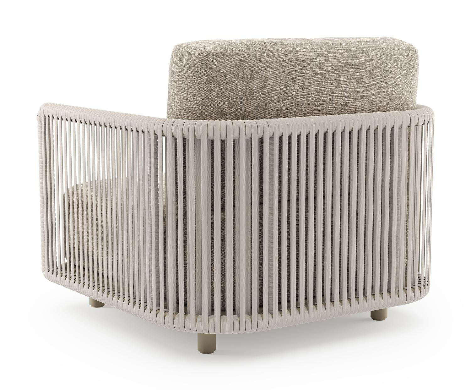 Organo loungestoel in beige aluminium en beige verticaal geweven luxe vlakke rope met chartres pewter all weather Sunbrella® luxe kussen