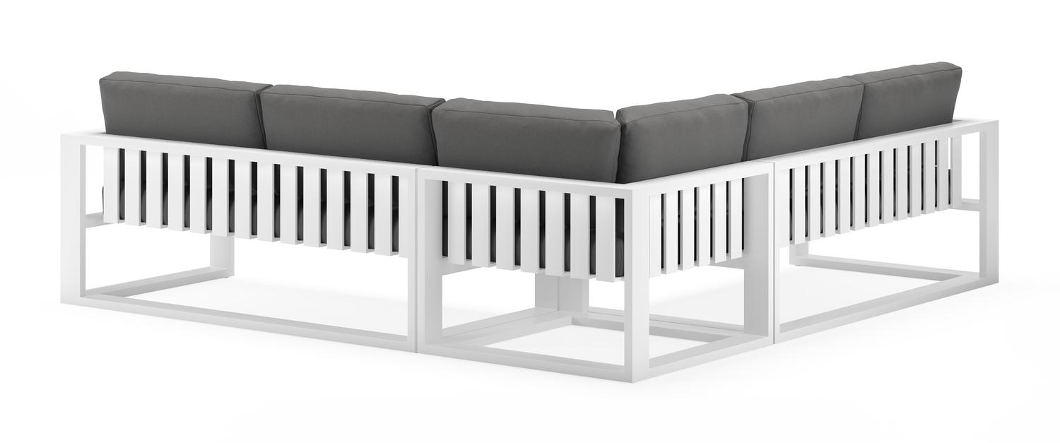 Verato loungehoek in wit aluminium met natte charcoal chine all weather sunbrella® luxe kussens