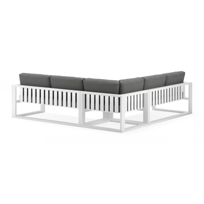 Verato loungehoek in wit aluminium met natte charcoal chine all weather sunbrella® luxe kussens