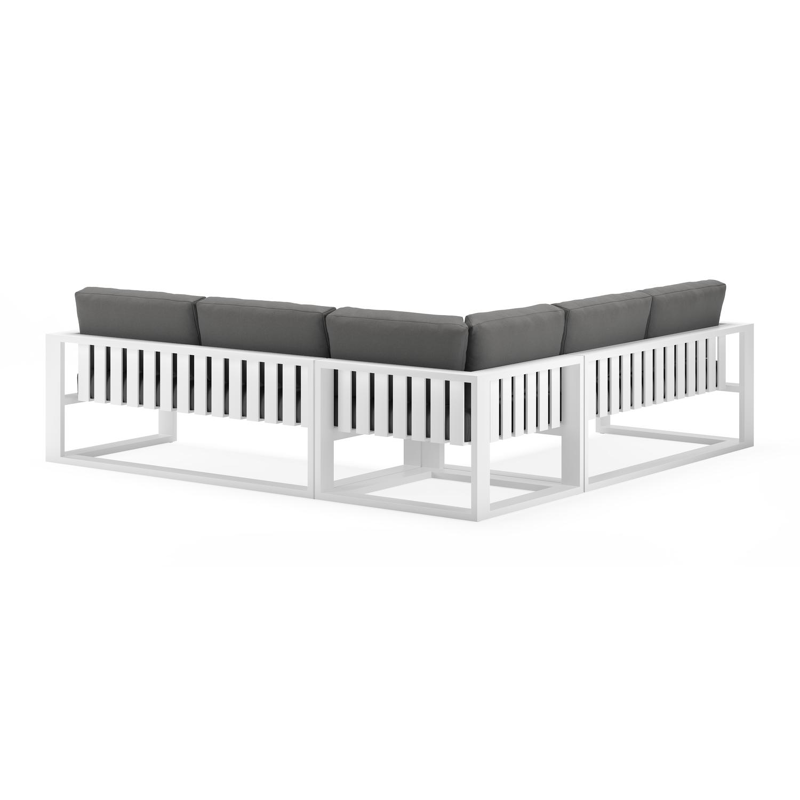 Verato loungehoek in wit aluminium met natte charcoal chine all weather sunbrella® luxe kussens