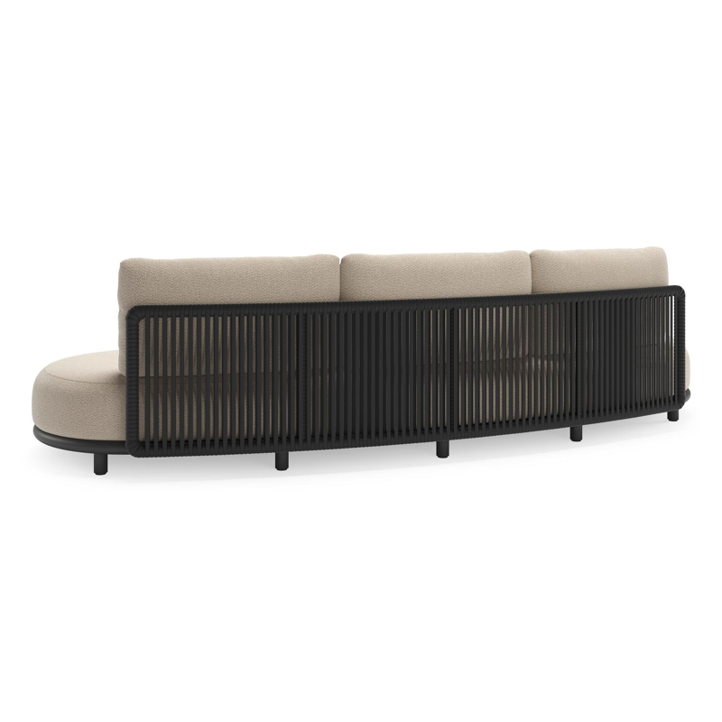 Lomano loungebank in zwart aluminium en zwart verticaal geweven luxe vlakke rope met lopi sand all weather sunbrella® luxe kussen