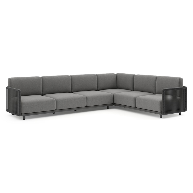 Organo loungehoek in zwart aluminium en zwart verticaal geweven luxe vlakke rope met heritage slate all weather Sunbrella® luxe kussen