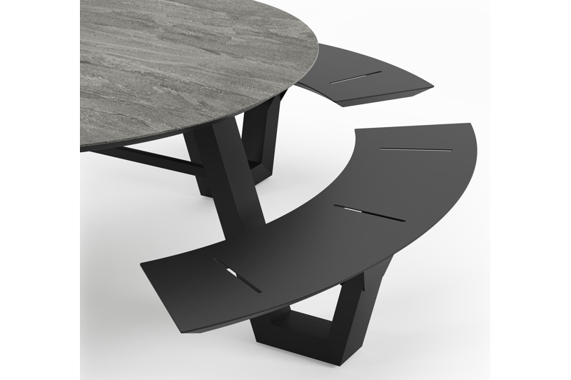 Rondino picknicktafel in zwart aluminium en volkeramiek aspen grey tafelblad - Ø 236 x H 71,5 cm