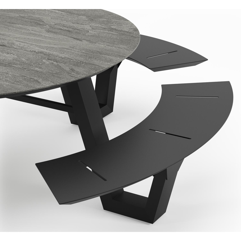 Rondino picknicktafel in zwart aluminium en volkeramiek aspen grey tafelblad - Ø 236 x H 71,5 cm